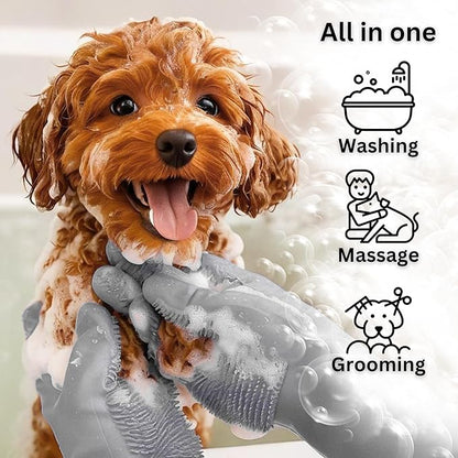 Dog Washing Gloves with Bristle Scrubbers, Reusable Silicone Gloves Ideal for Pet Bathing, Massaging & Grooming (Gray)
