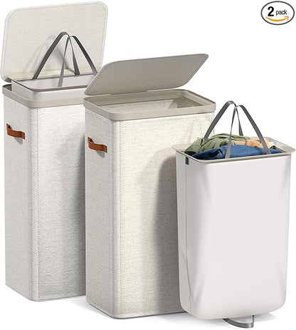 Sorbus Laundry Hamper with Lid – Collapsible Fabric Laundry Basket with Handles and Removable Laundry Bag – 26.5 Gallon (100 L) Dirty Clothes Hamper for Bedroom, bathroom and dorm - 2 Pack (Beige)