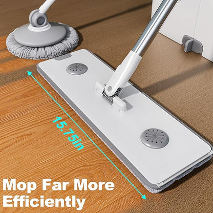 Flat Mop and Bucket System - Mop and Bucket with Wringer Set for Home | Wet Dry Mop for Apartment, Tiny Home, Windows, Wall, Hardwood Floor, RV with 6 Reusable Microfiber Cloth