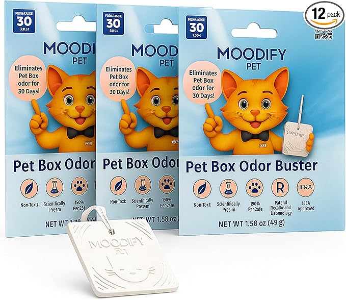 MoodifyPet Cat Litter Odor Pet Odor Eliminator For Home, 12-Pack – Hangable Odor Absorber with Patented Advanced Neutralisation Tech – Cat Scent Eliminator, Lasts Up To 30 Days, Safe for Pets & Kids