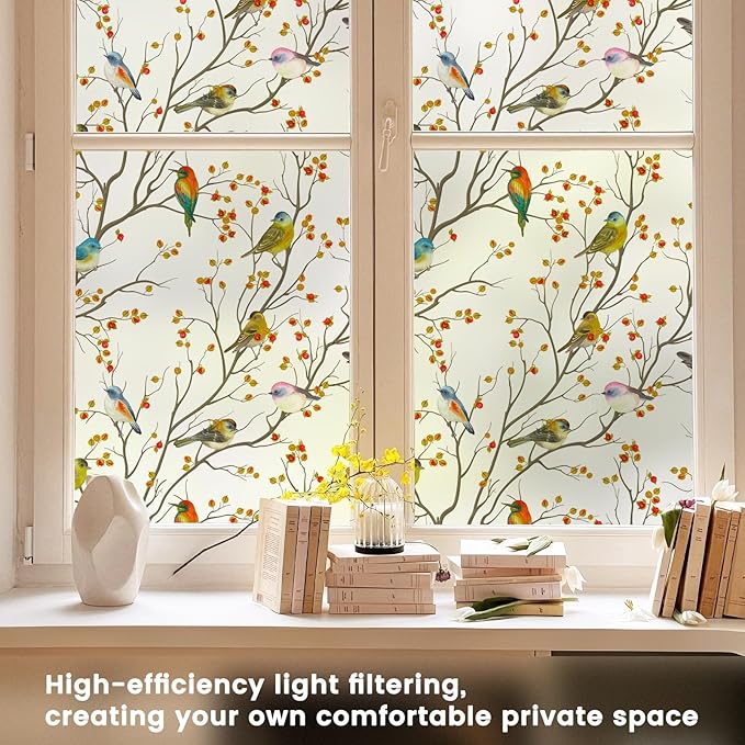 DKTIE Window Privacy Cling Film with Installation Tools, Stained Glass Opaque Non-Adhesive Frosted Bird Coverings Removable for Bathroom Shower Door Frosted (S3533, 23.6in X 78.7in)