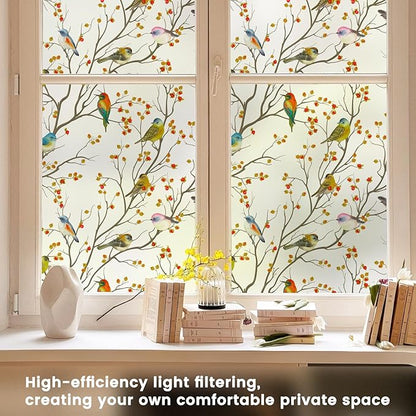 DKTIE Window Privacy Cling Film with Installation Tools, Stained Glass Opaque Non-Adhesive Frosted Bird Coverings Removable for Bathroom Shower Door Frosted (S3533, 29.5in X 78.7in)