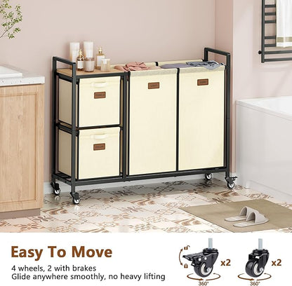 Hoctieon 4 Section Laundry Cart, 48 Gal. (182L) Laundry Hamper with Lid, Laundry Basket with Wheels, Rolling Laundry Sorter Organizer with Shelf, Clothes Separator with Removable Bags, Beige