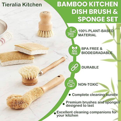 Tieralia Bamboo Dish Brush Gift Set – 5-Piece Kitchen Cleaning Set with Bottle Brush, Round Scrub Brush, Palm Brush & 2 Plant-Based Sponges | Wooden Handle Cleaning Tools for Dishes & Surfaces