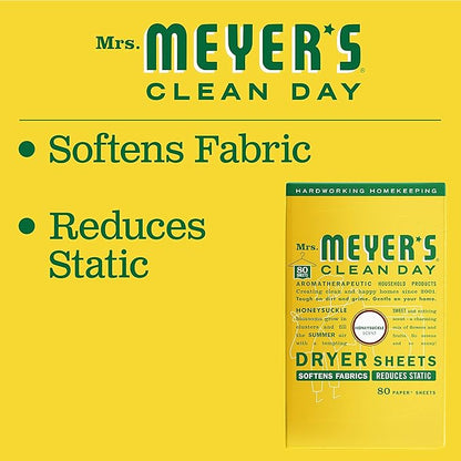 MRS. MEYER'S CLEAN DAY Dryer Sheets,Fabric Softener,Reduces Static,Infused with Essential Oils,Honeysuckle,80 Count (Pack of 12)