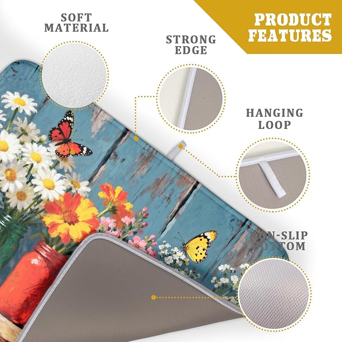 Spring Summer Floral Dish Drying Mat for Kitchen Counter 18x24 Woodgrain Colorful Flower Butterfly Seasonal Absorbent Reversible Microfiber Drying Mats Kitchen Countertop Protector Dishes Drainer Pad