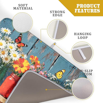 Spring Summer Floral Dish Drying Mat for Kitchen Counter 18x24 Woodgrain Colorful Flower Butterfly Seasonal Absorbent Reversible Microfiber Drying Mats Kitchen Countertop Protector Dishes Drainer Pad