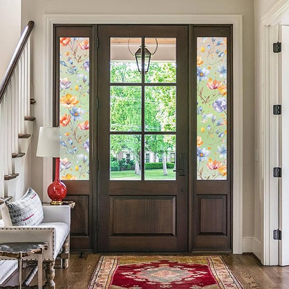 DKTIE Retro Floral Pattern Stained Glass Window Film Two-Way Privacy Day and Night Decorative Window Film Static Cling UV2 Print Technology (S647, 17.7in X 78.7in)