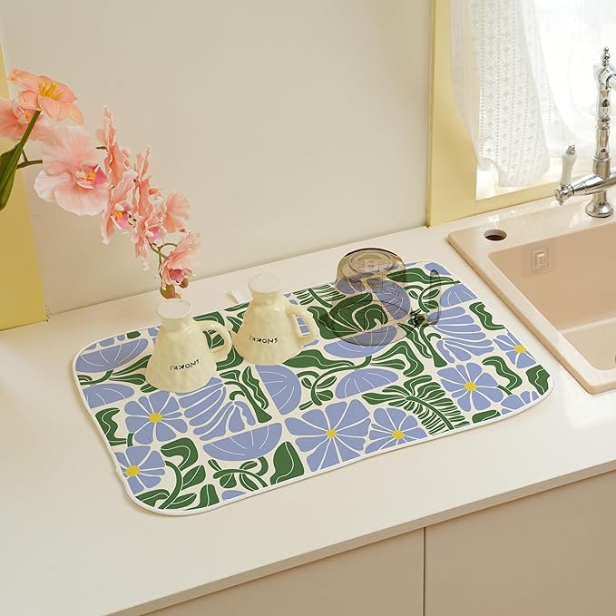 Boho Floral Drying Mat 18x24 Inches For Kitchen Counter Absorbent Spring Summer Abstract Blue Green Flower Kitchen Drying Mat Pad For Home Kitchen,Dining Room,Office Decoration