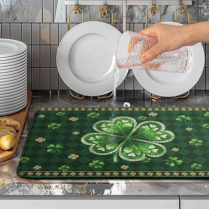 St Patrick's Day Shamrock Dish Drying Mat Green Spring Kitchen Dish Drying Pad Absorbent Dish Dryer Mat for Kitchen Countertops Microfiber Dishes Drainer Pad Dish Drying Rack Mat (18x24 in)