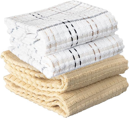 Ritz Royale Collection 100% Combed Terry Cotton, Highly Absorbent, Kitchen Towel Set, 13-3/4" x 12", 4-Pack, Solid & Checked, Latte