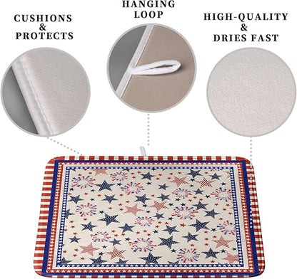 Happy 4th of July Patriotic Dish Drying Mat 18 x 24 Inch US Independence Day Vintage Star Kitchen Drying Mat Blue White Red Dish Drainer Mats Super Absorbent Dish Rack Pad for Coffee Bar Sinks