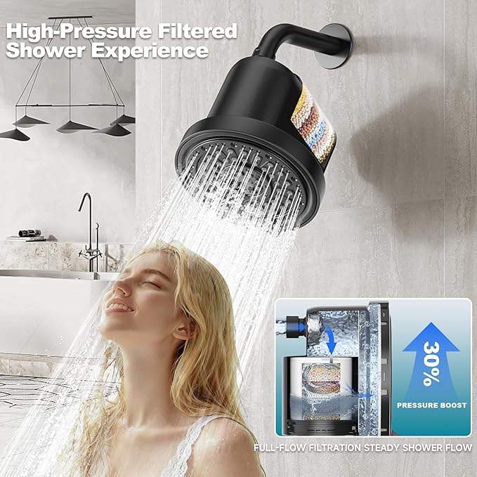 Filtered Shower Head with 30 Stage Water Softener Filter, 6 Inch High Pressure Showerhead for Hard Water, 5 Spray Modes to Remove Chlorine & Heavy Metals, Easy Install Fixed Shower Head