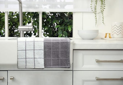 100% Cotton Terry Dish Cloth & Dish Towel, 8 Pack, Super Soft and Absorbent Kitchen Towels, Perfect for Kitchen Cleaning and Dish Washing (Grey (Solid and Checks) 8 Pack)