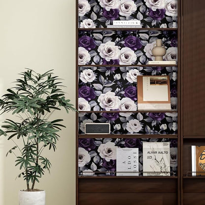 Black Foral Wallpaper Peel and Stick Dark Purple and White Rose Contact Paper, Vintage Self-Adhesive Removable Flower Wall Paper for Bedroom Countertop Desk Cabinets Decor 17.4" x 118" Renter Friendly