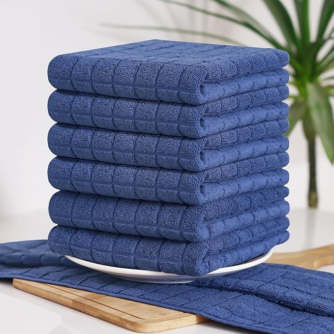 Homaxy Premium Cotton Kitchen Towels 16"x 28", Large Natural Ring Spun 390 GSM Dish Towels, Super Absorbent Terry Kitchen Hand Towels, Soft Tea Towels with Hanging Loop, Pure Navy Blue Design, 6 Pack