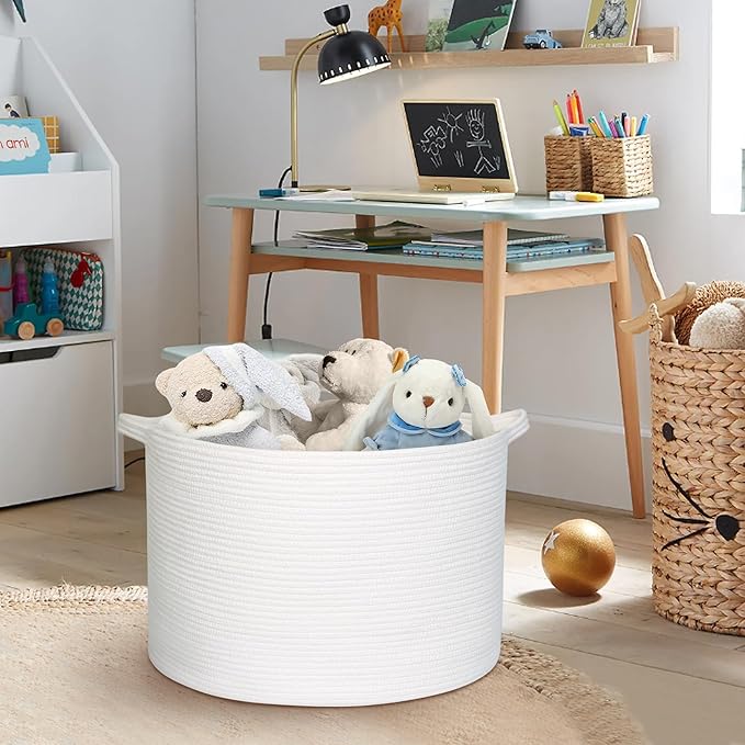 White Cotton Rope Storage Basket, 22" X 22" X 14" Extra Large Blanket Storage Living Room, XL Soft Toy Bin for Organizing, Woven Baby Laundry Basket with Handle, White Wicker Hamper Nursery