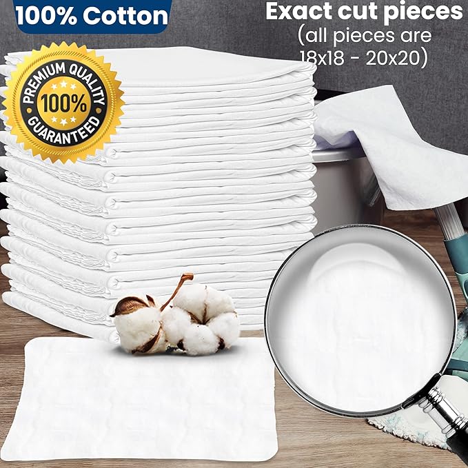 Nabob Wipers New Lint Free Cloth (30 Pack) - 100% Cotton Cleaning Rags Exact Cut - Premium White Rags for Cleaning House - White Rags for Dusting, Staining, Polishing, Painting 18"x18"