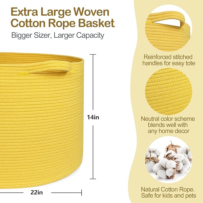 Extra Large Yellow Basket, 22” X 22” X 14” Cotton Rope Yellow Decor for Living Room Bedroom, Woven Basket for Blanket, Laundry, Towel, Shoe, Baby Nursery Toy Organizer, Room Decor Storage Bin