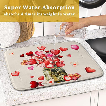 Valentine's Day Dish Drying Mat for Kitchen Counter,Red Love Canes Hearts Decorative Mason Jar Drying Mat 16 x 18 Inch with High Absorbent Microfiber Drainer Mat for Coffee Bar