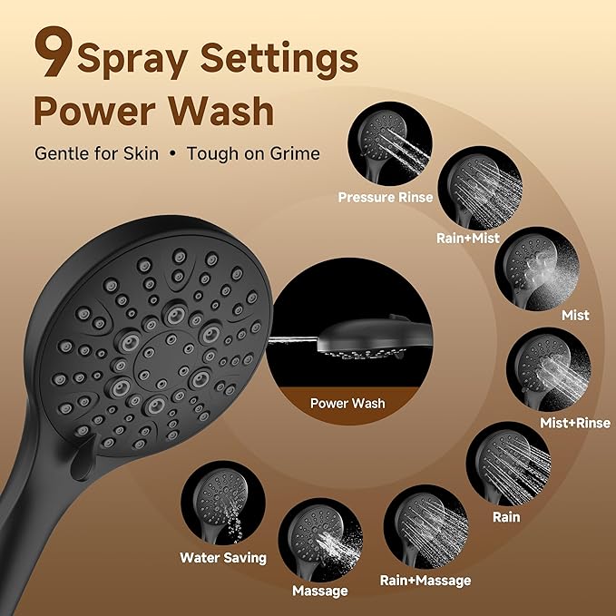 BRIGHT SHOWERS Rain Shower Head with Handheld Spray, High Pressure Dual Shower Head, Adjustable Extension Arm & Slide Bar, 9 Spray Modes Built-in Power Wash, 3-Way Diverter, 69" Hose, Matte Black