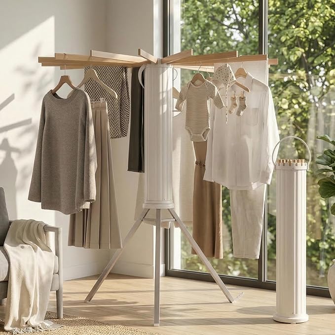 Clothes Drying Rack Foldable, Laundry Drying Rack Clothing with 16 Wooden Rods and 3 Aluminum Legs, Ideal for Versatile Indoor and Outdoor Use in Apartment, RV, Balcony and Bedroom.