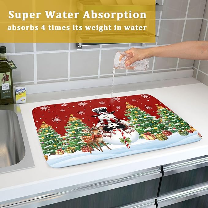 Christmas Snowman Dish Drying Mat for Kitchen Counter,Christmas Tree Winter Snowflake Red Drying Mat 18 x 24 Inch with High Absorbent Reversible Microfiber Dish Drying Pad Drainer Mat for Coffee Bar
