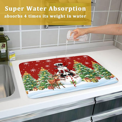 Christmas Snowman Dish Drying Mat for Kitchen Counter,Christmas Tree Winter Snowflake Red Drying Mat 18 x 24 Inch with High Absorbent Reversible Microfiber Dish Drying Pad Drainer Mat for Coffee Bar