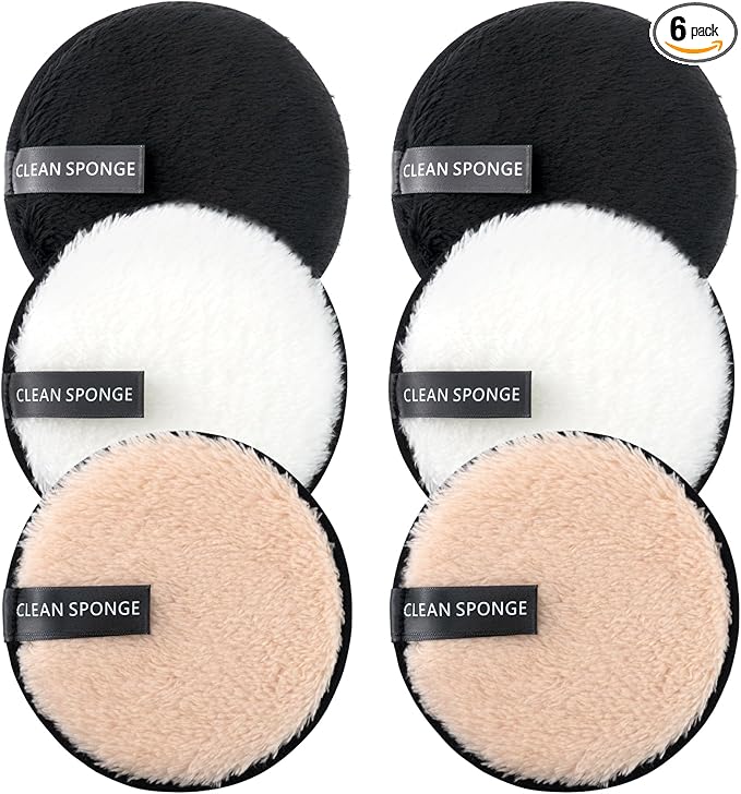 BlingKingdom 6 PCS Makeup Remover Pads Reusable Double-Sided Facial Cleansing Puffs Round Make Up Remover Pads for All Skin Types - 3 Colors