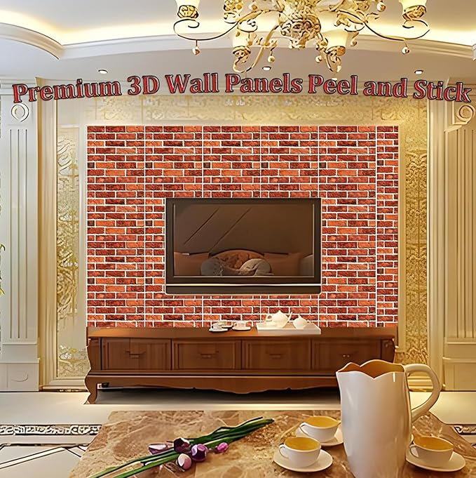 3D Wall Panels Peel and Stick, 3D Wall Panels Self Adhesive Waterproof 10PCS PVC 3D Brick Wallpaper Peel and Stick for Interior Wall Decor,Bedroom,Living Room12''x12'' (Dark Red Stone)