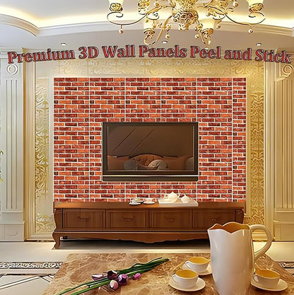 3D Wall Panels Peel and Stick, 3D Wall Panels Self Adhesive Waterproof 10PCS PVC 3D Brick Wallpaper Peel and Stick for Interior Wall Decor,Bedroom,Living Room12''x12'' (Dark Red Stone)