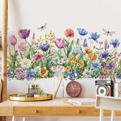 Wildflower Wall Decals with Daisy Tulip Garden Floral Dragonfly Peel and Stick Removable Wall Art for Nursery Girls Room Living Room Kitchen Decor