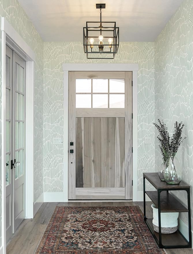 Guvana Green Wallpaper Peel and Stick Modern Sage Green and White Contact Paper Coastal Tropical Wallpaper Boho Striped Removable Waterproof Wall Paper for Bathroom Laundry Room Accent Wall 17.3"×394"