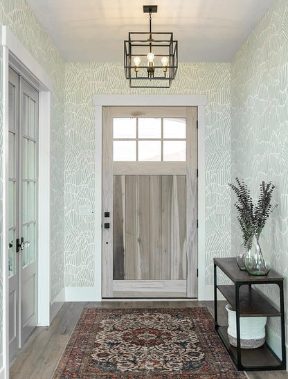 Guvana Green Wallpaper Peel and Stick Modern Sage Green and White Contact Paper Coastal Tropical Wallpaper Boho Striped Removable Waterproof Wall Paper for Bathroom Laundry Room Accent Wall 17.3"×394"