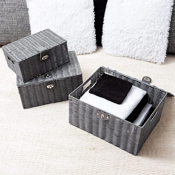 Set of 3 Woven Wicker Storage Basket Box with Lids & Lock, Built-in Carry Handles, Multifunctional Storage Organizer for Nursery, Baby, Clothes, Toys, Books, Large/Medium/Small Size (Grey)