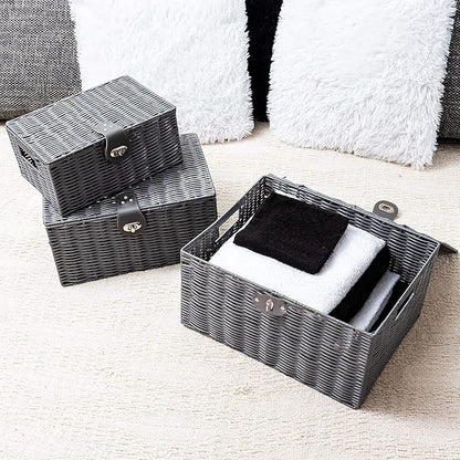 Set of 3 Woven Wicker Storage Basket Box with Lids & Lock, Built-in Carry Handles, Multifunctional Storage Organizer for Nursery, Baby, Clothes, Toys, Books, Large/Medium/Small Size (Grey)
