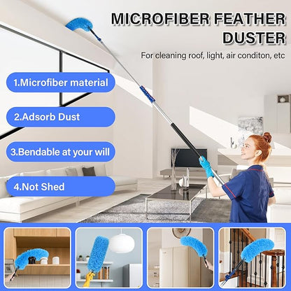 High Reach Cleaning Kit with 12FT Telescoping Pole - Ceiling Fan & Microfiber Feather Dusters, Cobweb Brush, Window Squeegee & Washer