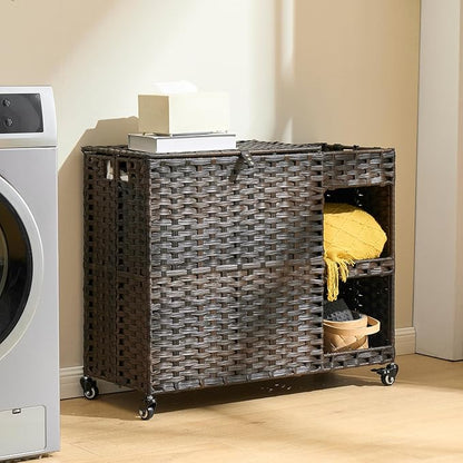 Laundry Hamper with Wheels, 42.3 Gal.(160 L) Laundry Sorter with Shelves, Rattan Clothes Hamper with 4 Removable Liners & 3 Mesh Bags, Handwoven Organizer for bedroom, bathroom, laundry room, Brown