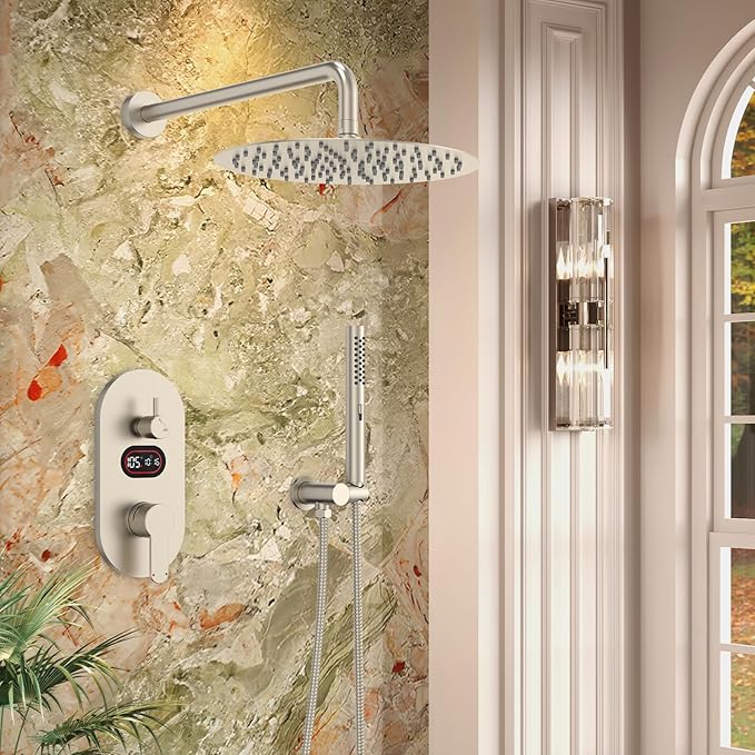Round Shower Faucet Set with Hydro Power Temperature Display, Shower System Bathroom 12 In Shower Head with Handheld Spray, Wall Mounted Shower Fixtures with Shower Valve and Trim Kit-Brushed Nickel