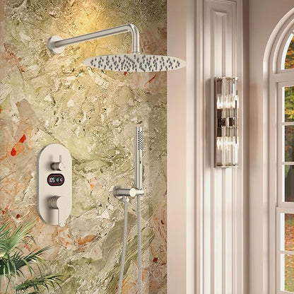 Round Shower Faucet Set with Hydro Power Temperature Display, Shower System Bathroom 12 In Shower Head with Handheld Spray, Wall Mounted Shower Fixtures with Shower Valve and Trim Kit-Brushed Nickel
