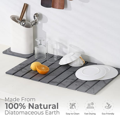 Large Stone Dish Drying Mat for Kitchen Counter - Quick Dry Stone Dishes Mats, Foldable Water Absorbing Diatomaceous Earth Drying Organizer Pad for Rack Bottles Plate (Dark Gray 24"×16" & 8"x5")