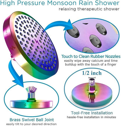 SparkPod Shower Head - High Pressure Rain - Premium Quality Luxury Design - Easy Clean Adjustable Replacement for Your Bathroom Shower Heads (Radiant Rainbow, 6 Inch Round)
