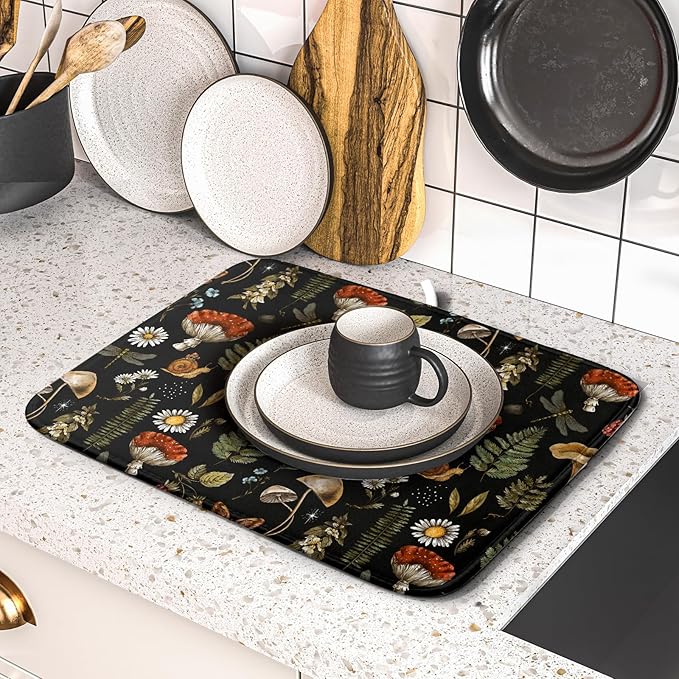 Mushroom Fern Leaves Berry Dish Drying Pad 16 x 18 Inch with Absorbent Reversible Microfiber Vintage Botanical Nature Forest Black Drying Mats For Kitchen Counter Dining Room Decoration