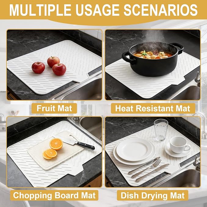 Silicone Dish Drying Mat 23x17 Multiple Usage,Easy clean,Eco-friendly,Heat-resistant Silicone Mat Dish Drying Mats For Kitchen Counter or Sink,Refrigerator or Drawer liner White 23inchx17inch