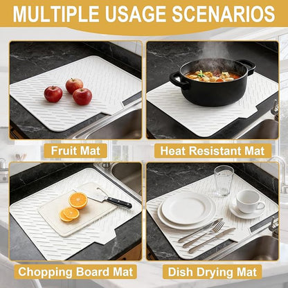 Silicone Dish Drying Mat 23x17 Multiple Usage,Easy clean,Eco-friendly,Heat-resistant Silicone Mat Dish Drying Mats For Kitchen Counter or Sink,Refrigerator or Drawer liner White 23inchx17inch