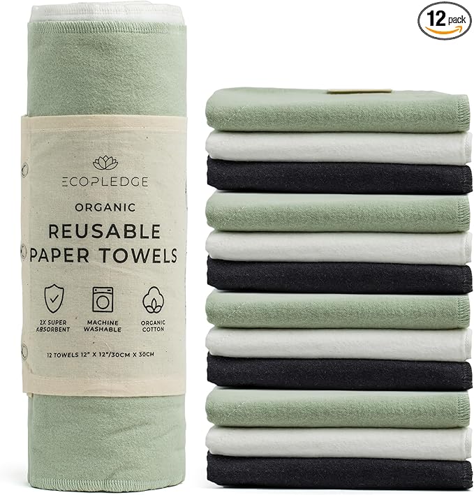 Reusable Paper Towels Washable Roll - Thick 12-pc Two Layered Ultra Absorbent Paperless Certified Organic Cotton Towels - Large Cloth Kitchen Paper Towel with Hanging Loop