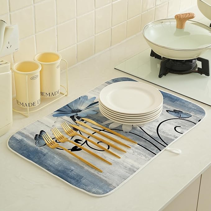 Floral Dish Drying Mat 18x24 Inches For Kitchen Counter Blue Daisy Flower Kitchen Decoration Drying Mat Modern Decorative Drying Pad For Home Kitchen Decor,Dining Room,Office Decor