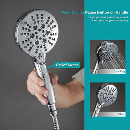 Handheld Shower Head with on off Switch&Built-in Power Spray,7-Setting High Pressure Spray Shower Wand with 79in Long Hose&Bracket and Extra Adhesive Shower Holder for Lower Mount,Chrome