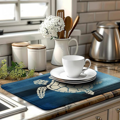 Sea Turtle Dish Drying Mats for Kitchen Counter 18x24 Inch Summer Ocean Animal Microfiber Absorbent Dish Drainer Rack Mats Navy Blue Large Dish Pad with Hanging Loop