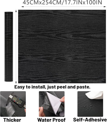 Peel and Stick Wallpaper Black Wood Wall Paper - 17.5 x 100 Inch Self Adhesive Wallpaper Peel and Stick, Easy to Paste Wall Contact Paper for Stand Liner, Table and Door Makeover Decor